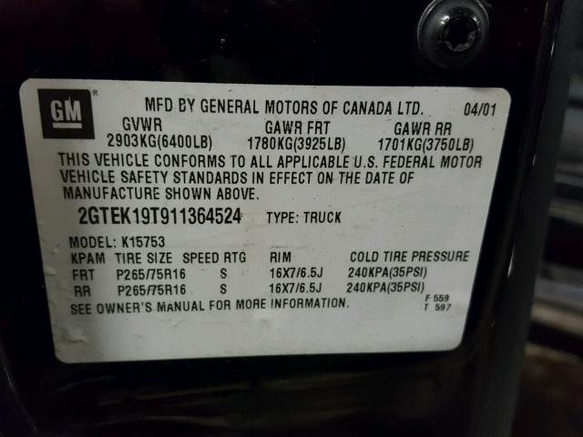 2GTEK19T911364524 - 2001 GMC NEW SIERRA BLACK photo 10