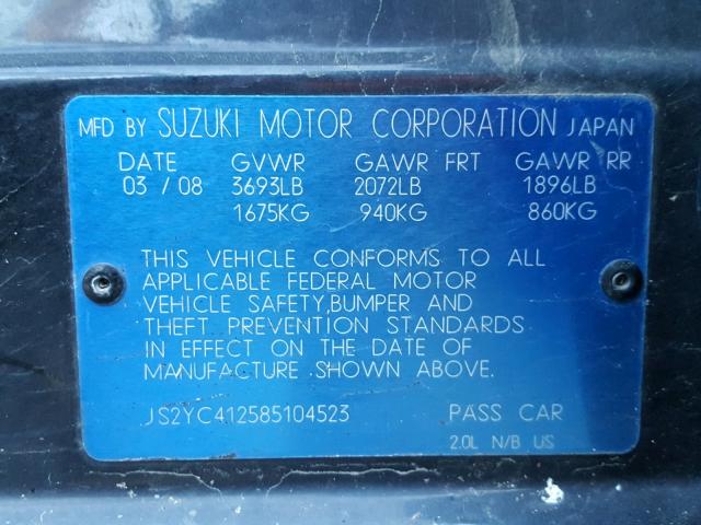 JS2YC412585104523 - 2008 SUZUKI SX4 BLACK photo 10