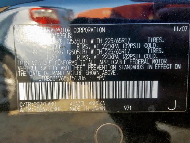 JTMBD31V685151206 - 2008 TOYOTA RAV4 LIMIT BLACK photo 10