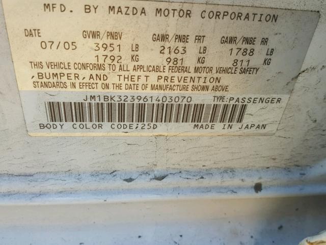 JM1BK323961403070 - 2006 MAZDA 3 S WHITE photo 10