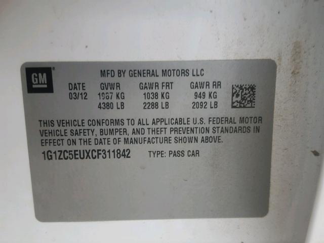 1G1ZC5EUXCF311842 - 2012 CHEVROLET MALIBU 1LT WHITE photo 10