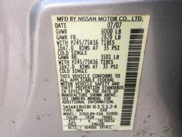 5N1AR18U58C615124 - 2008 NISSAN PATHFINDER SILVER photo 10