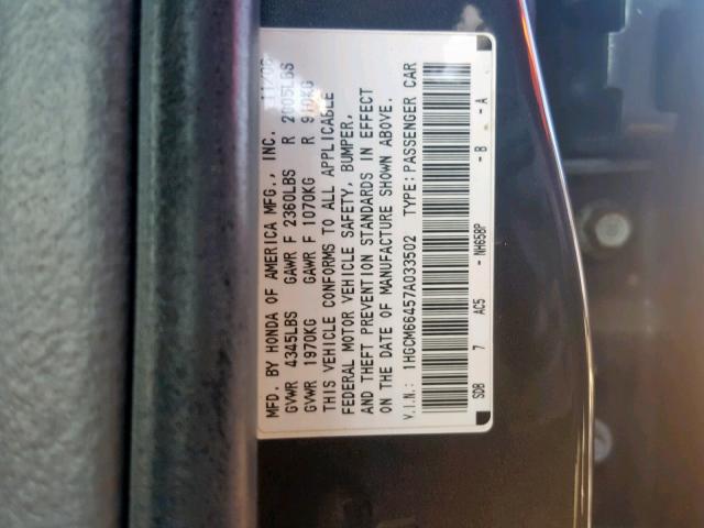 1HGCM66457A033502 - 2007 HONDA ACCORD SE GRAY photo 10