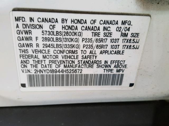 2HNYD18944H525672 - 2004 ACURA MDX TOURIN WHITE photo 10