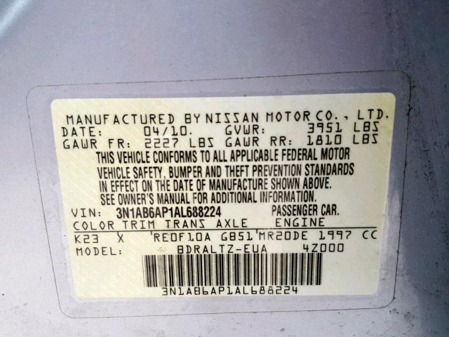 3N1AB6AP1AL688224 - 2010 NISSAN SENTRA 2.0 SILVER photo 10