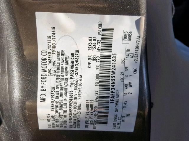 1FAFP34N55W241835 - 2005 FORD FOCUS ZX4 GRAY photo 10