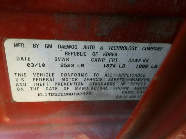 KL1TD5DE9AB102978 - 2010 CHEVROLET AVEO LS RED photo 10