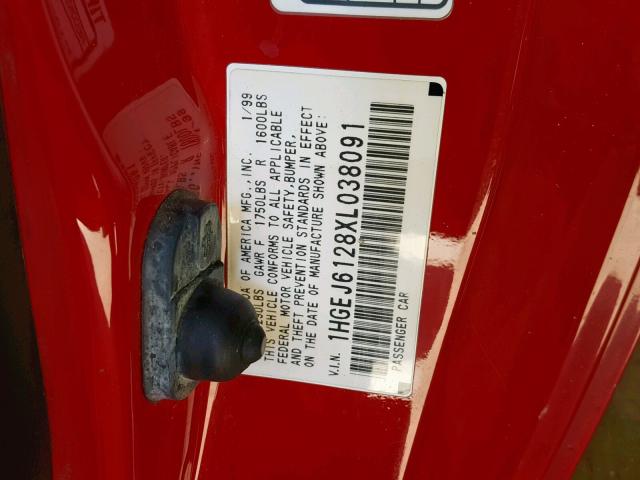 1HGEJ6128XL038091 - 1999 HONDA CIVIC DX RED photo 10