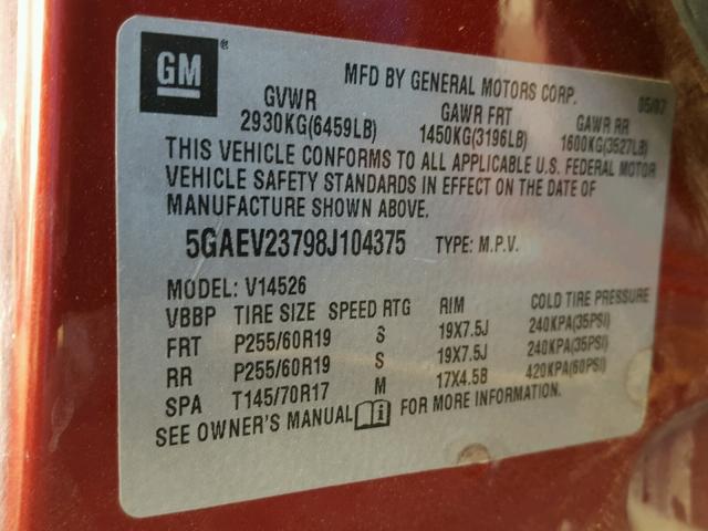 5GAEV23798J104375 - 2008 BUICK ENCLAVE CX RED photo 10