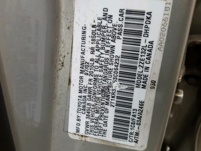 2T1KR32E53C064232 - 2003 TOYOTA MATRIX GRAY photo 10