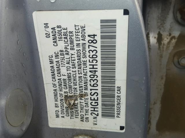 2HGES16394H563784 - 2004 HONDA CIVIC DX V SILVER photo 10