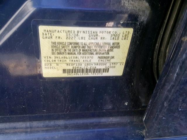 3N1AB61E08L725370 - 2008 NISSAN SENTRA 2.0 BLUE photo 10