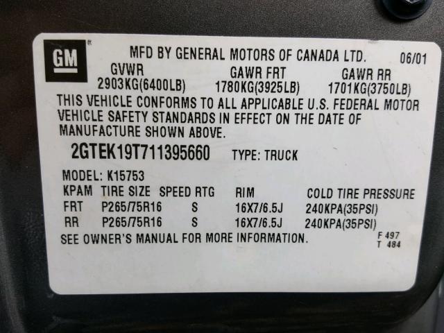 2GTEK19T711395660 - 2001 GMC NEW SIERRA GRAY photo 10