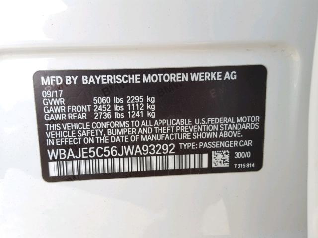 WBAJE5C56JWA93292 - 2018 BMW 540 I WHITE photo 10