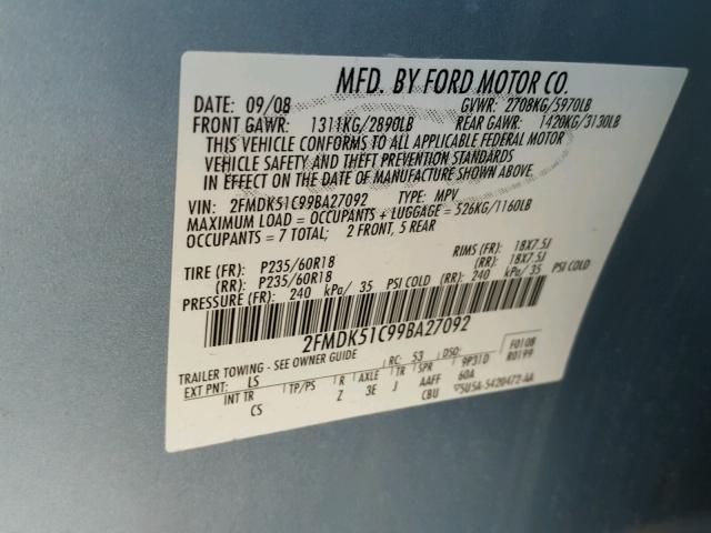 2FMDK51C99BA27092 - 2009 FORD FLEX SE BLUE photo 10