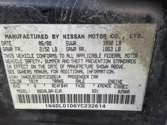 1N4DL01D6YC232614 - 2000 NISSAN ALTIMA XE BLACK photo 10