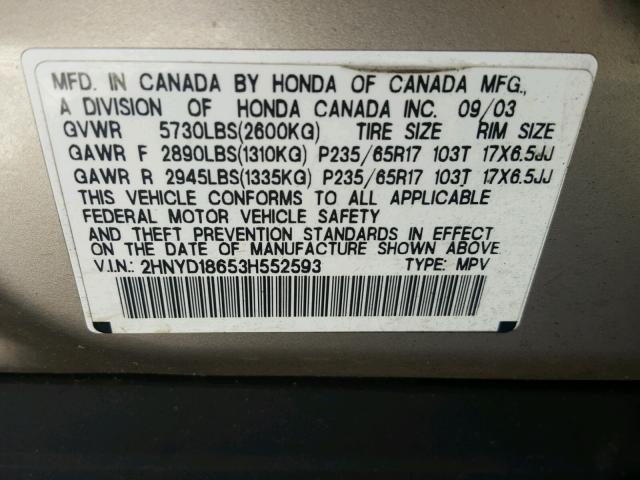 2HNYD18653H552593 - 2003 ACURA MDX TOURIN GOLD photo 10