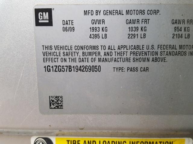 1G1ZG57B194269050 - 2009 CHEVROLET MALIBU LS 银色 照片 10