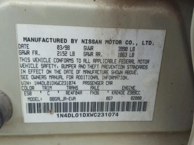 1N4DL01DXWC231074 - 1998 NISSAN ALTIMA XE GOLD photo 10