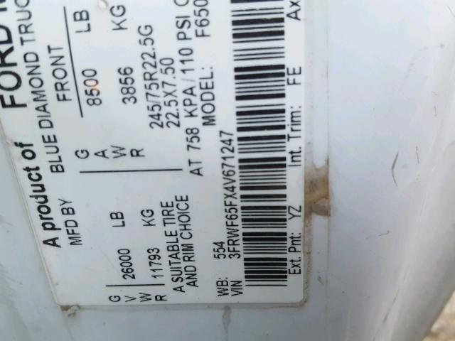 3FRWF65FX4V671247 - 2004 FORD F650 SUPER WHITE photo 10