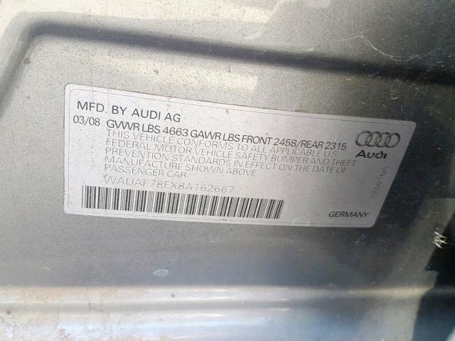 WAUAF78EX8A162667 - 2008 AUDI A4 2.0T SILVER photo 10