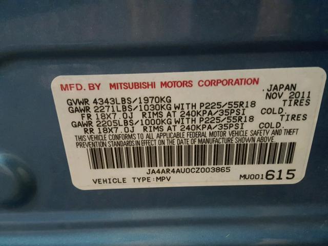 JA4AR4AU0CZ003865 - 2012 MITSUBISHI OUTLANDER BLUE photo 10