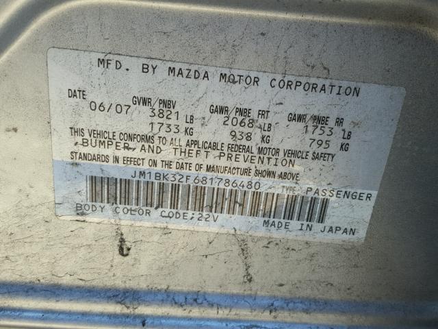 JM1BK32F681786480 - 2008 MAZDA 3 I SILVER photo 10