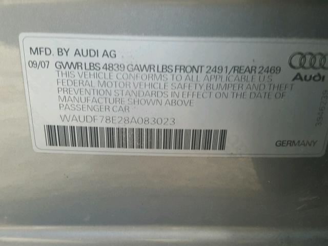 WAUDF78E28A083023 - 2008 AUDI A4 2.0T QU GRAY photo 10