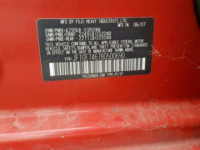 JF1GE74678G500690 - 2008 SUBARU IMPREZA WR RED photo 10