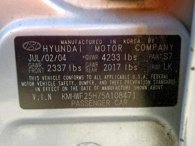 KMHWF25H75A108471 - 2005 HYUNDAI SONATA GL SILVER photo 10