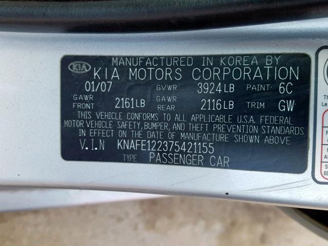 KNAFE122375421155 - 2007 KIA SPECTRA EX SILVER photo 10