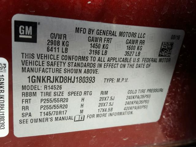 1GNKRJKD8HJ180393 - 2017 CHEVROLET TRAVERSE P MAROON photo 10