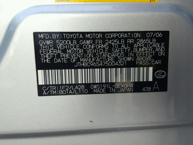 JTHBC96S475004321 - 2007 LEXUS GS 450H SILVER photo 10