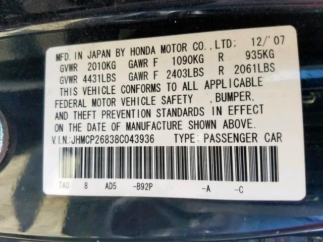 JHMCP26838C043936 - 2008 HONDA ACCORD EXL BLACK photo 10