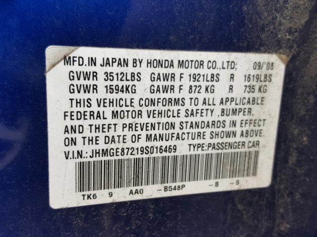 JHMGE87219S016469 - 2009 HONDA FIT BLUE photo 10