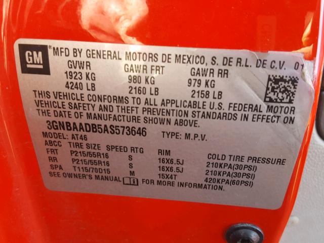 3GNBAADB5AS573646 - 2010 CHEVROLET HHR LS Rojo foto 10