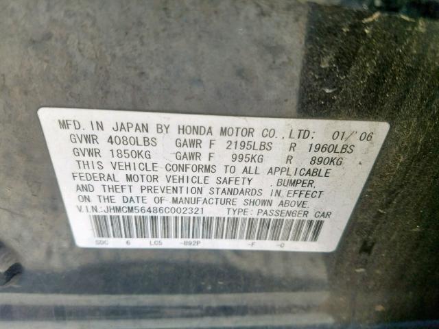 JHMCM56486C002321 - 2006 HONDA ACCORD LX BLACK photo 10