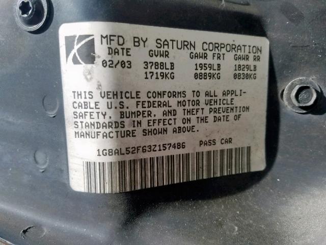 1G8AL52F63Z157486 - 2003 SATURN ION LEVEL BLUE photo 10