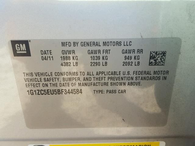 1G1ZC5EU5BF344584 - 2011 CHEVROLET MALIBU 1LT SILVER photo 10