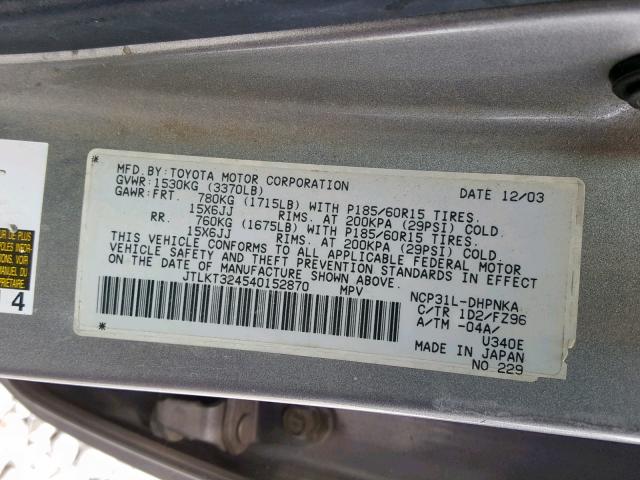 JTLKT324540152870 - 2004 TOYOTA SCION XB 灰色 照片 10