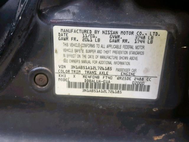 3N1AB51A12L726185 - 2002 NISSAN SENTRA SE- BLACK photo 10