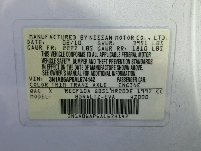 3N1AB6AP6AL674142 - 2010 NISSAN SENTRA 2.0 WHITE photo 10