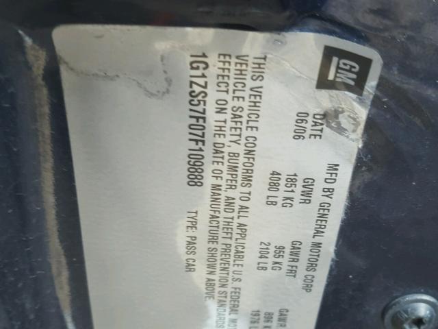 1G1ZS57F07F109888 - 2007 CHEVROLET MALIBU LS 蓝色 照片 10