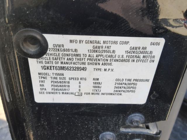 1GKET63M562328949 - 2006 GMC ENVOY DENA BLACK photo 10