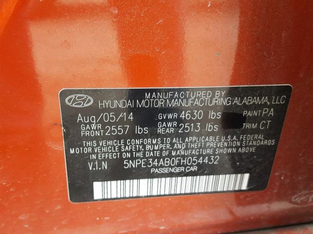 5NPE34AB0FH054432 - 2015 HYUNDAI SONATA SPO ORANGE photo 10