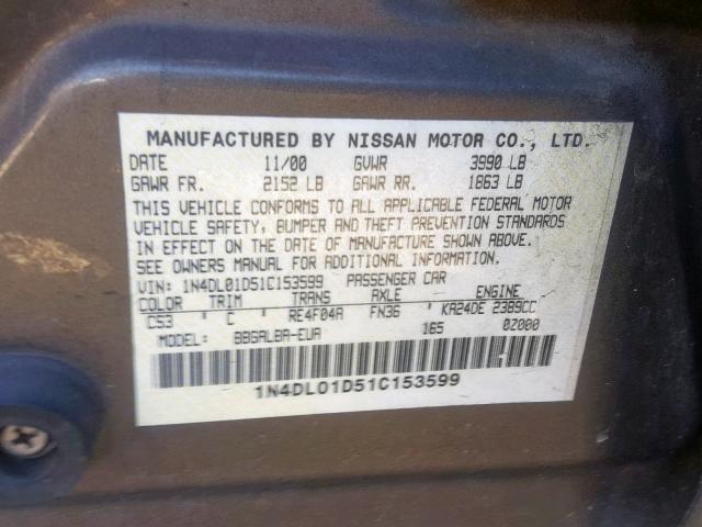 1N4DL01D51C153599 - 2001 NISSAN ALTIMA XE GRAY photo 10