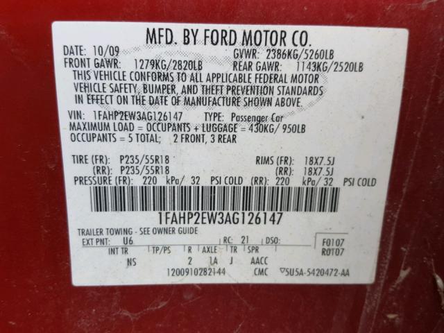 1FAHP2EW3AG126147 - 2010 FORD TAURUS SEL RED photo 10