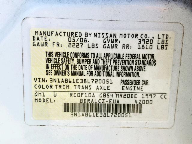 3N1AB61E38L720051 - 2008 NISSAN SENTRA 2.0 WHITE photo 10