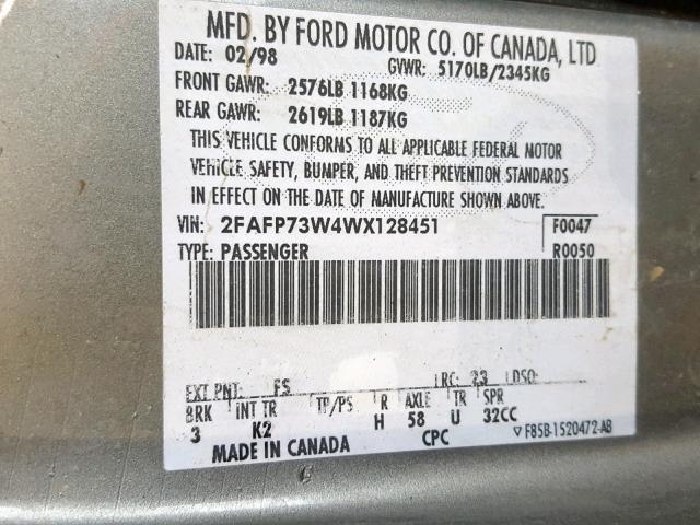 2FAFP73W4WX128451 - 1998 FORD CROWN VICT GRAY photo 10