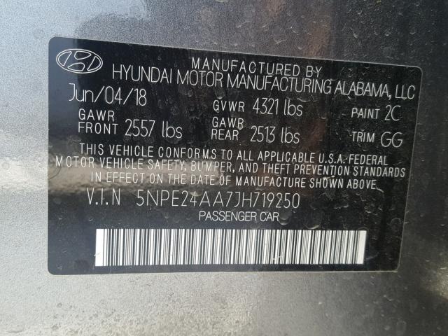 5NPE24AA7JH719250 - 2018 HYUNDAI SONATA ECO GRAY photo 10